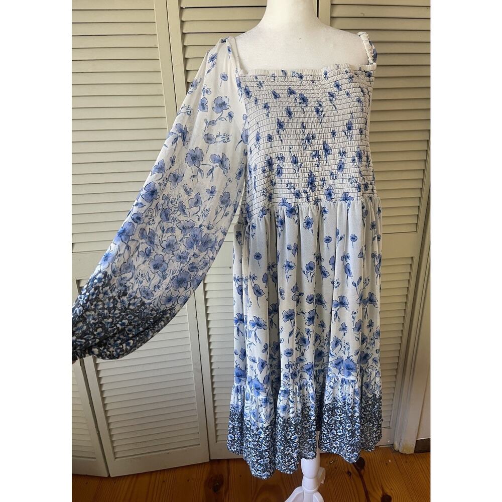 Maison Tara Blue Smocked Milkmaid Cottage Core Boho Floral Babydoll Dress 22W